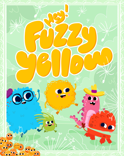 Hey Fuzzy Yellow! key art: a round yellow fuzzball and friends tumbling through a field of dandelion seeds.